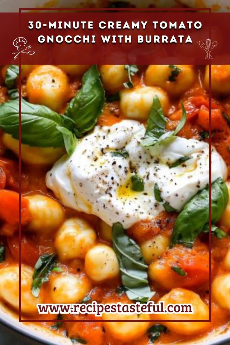 A quick and creamy dish combining tender gnocchi with a rich tomato sauce and melted burrata, perfect for a satisfying weeknight meal. Gnocchi With Burrata, Gnocchi Meals, Creamy Tomato Gnocchi, Burrata Tomato, Tomato Gnocchi, Burrata Recipe, Gnocchi Dishes, How To Cook Gnocchi, Cream Pasta