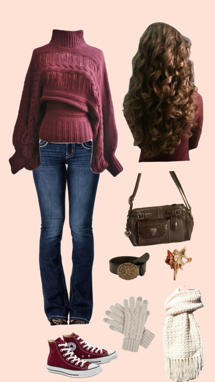 a woman with long hair wearing red sweater and blue jeans, converse sneakers and purse