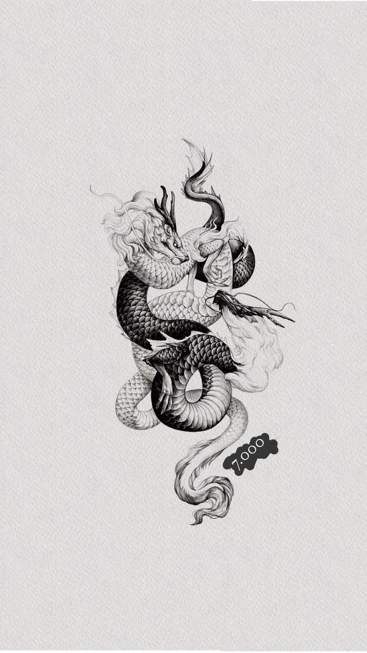 a black and white drawing of a dragon