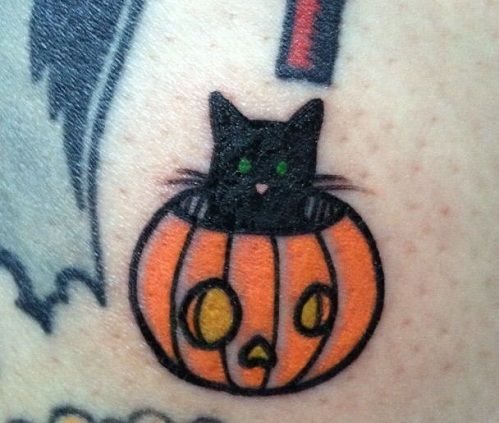 a black cat sitting on top of a pumpkin