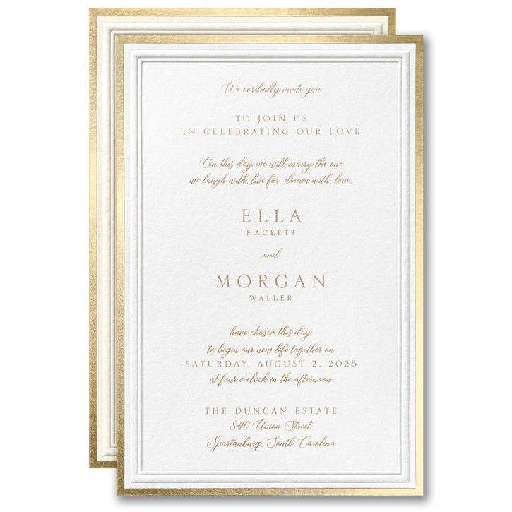 a wedding card with gold foil on the front and bottom, featuring an elegant border