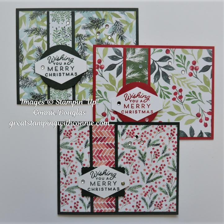 three christmas cards with different designs on them