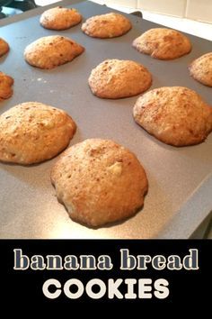 banana bread cookies sitting on top of a baking pan with the words, banana bread cookies