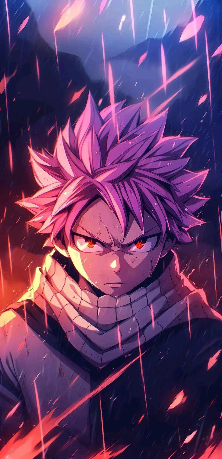 an anime character with purple hair and red eyes in the rain, looking to his left