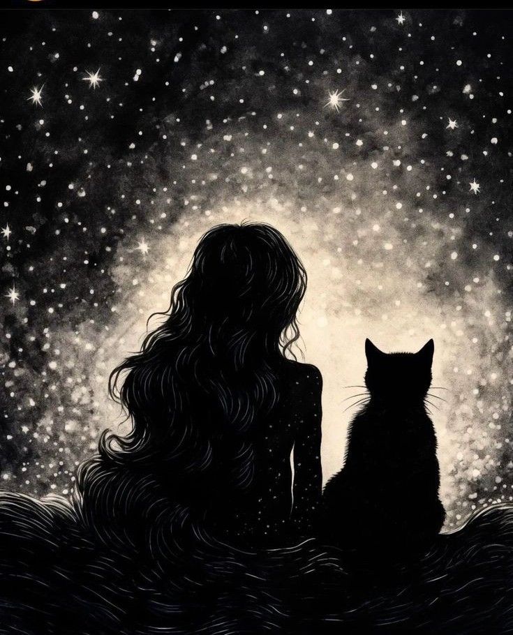 a woman sitting next to a cat on top of a grass covered field with stars in the sky