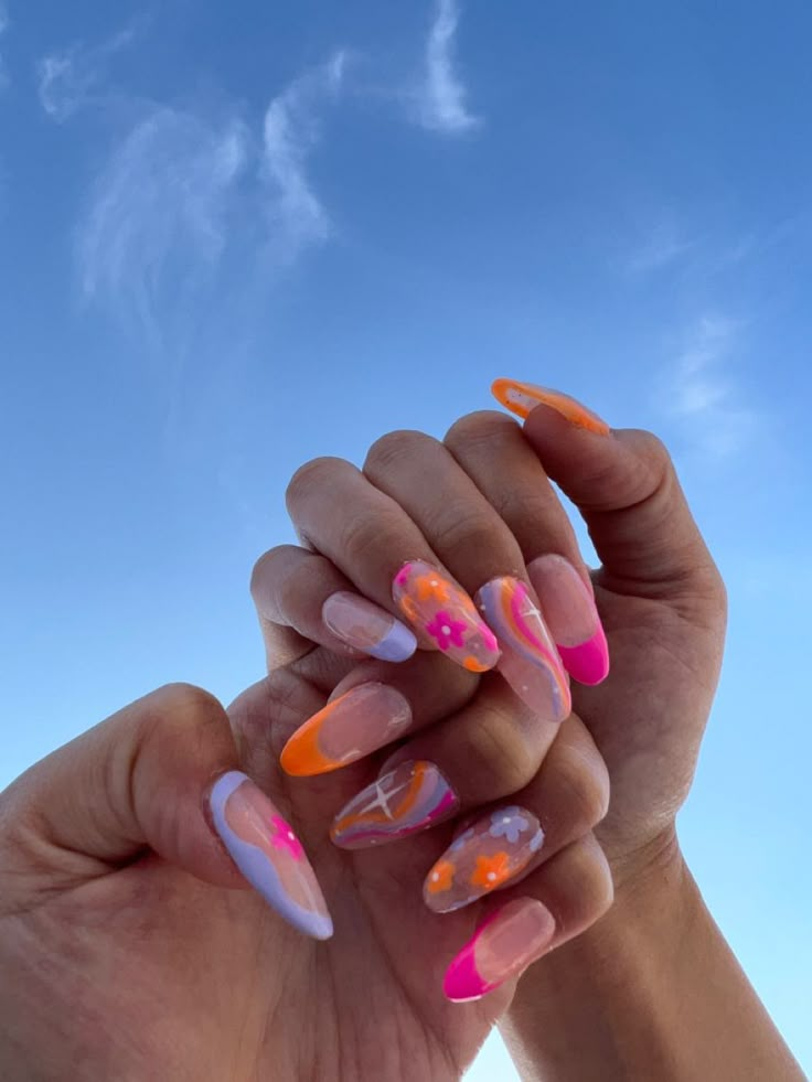 Neon Swirl Nails Acrylic, Flower And Swirl Nails, Swirly Flower Nails, Purple Barbie Nails, Purple Blue And Orange Nails, Pink Purple Blue Nail Designs, Orange Pink And Purple Nails, Pink Orange Swirl Nails, Summer Nails Blue And Purple