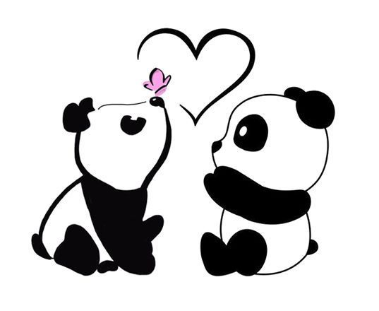 two pandas sitting next to each other with a heart shaped object on their back