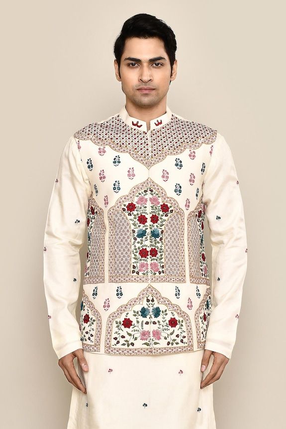 Ivory bundi with thread, sequin embroidery in mughal floral pattern. Paired with floral embroidered kurta and pant pyjama. - Aza Fashions Raw Silk Embroidery, Nehru Jacket, Sequin Embroidery, Nehru Jackets, Sequins Embroidery, Silk Embroidery, Raw Silk, Mandarin Collar, Embroidery Thread