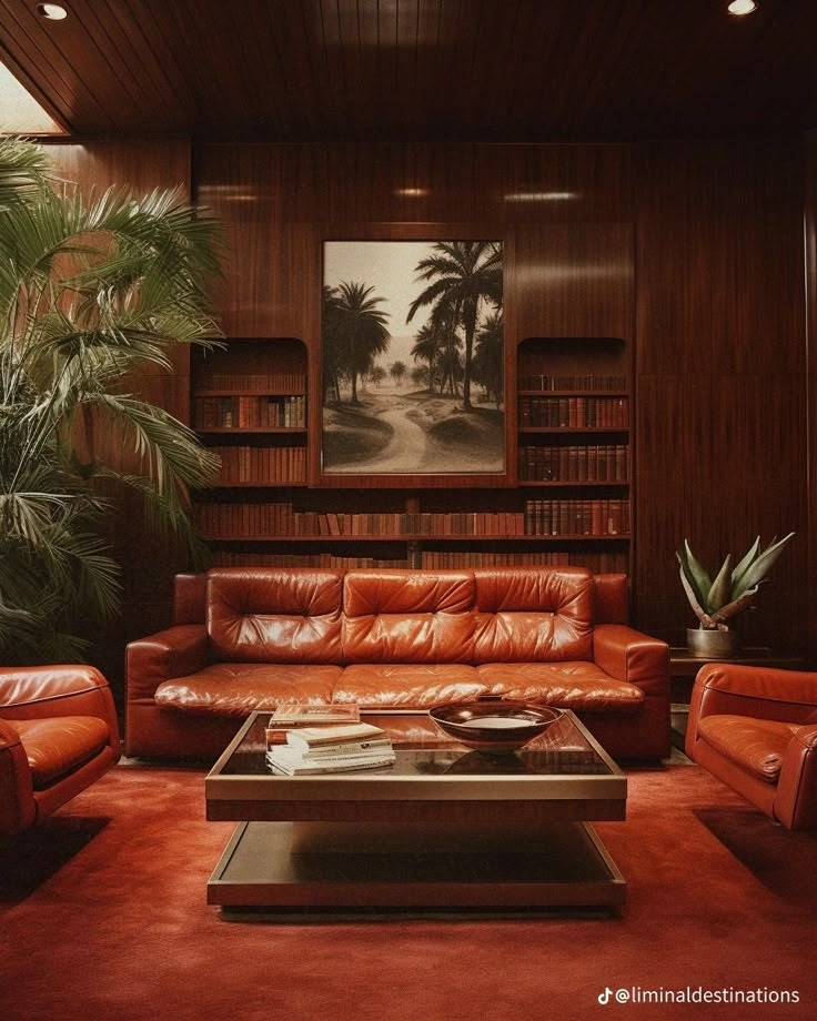 a living room filled with lots of brown furniture