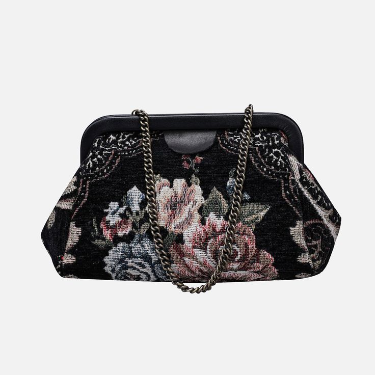 Floral Black Evening Bag Clutch carpet bag MCW Handmade Modern Texture, Carpet Fabric, Black Evening Bag, Vintage Evening Bags, Carpet Bag, Frame Bag, Evening Clutch Bag, Evening Clutch, Classic Elegance