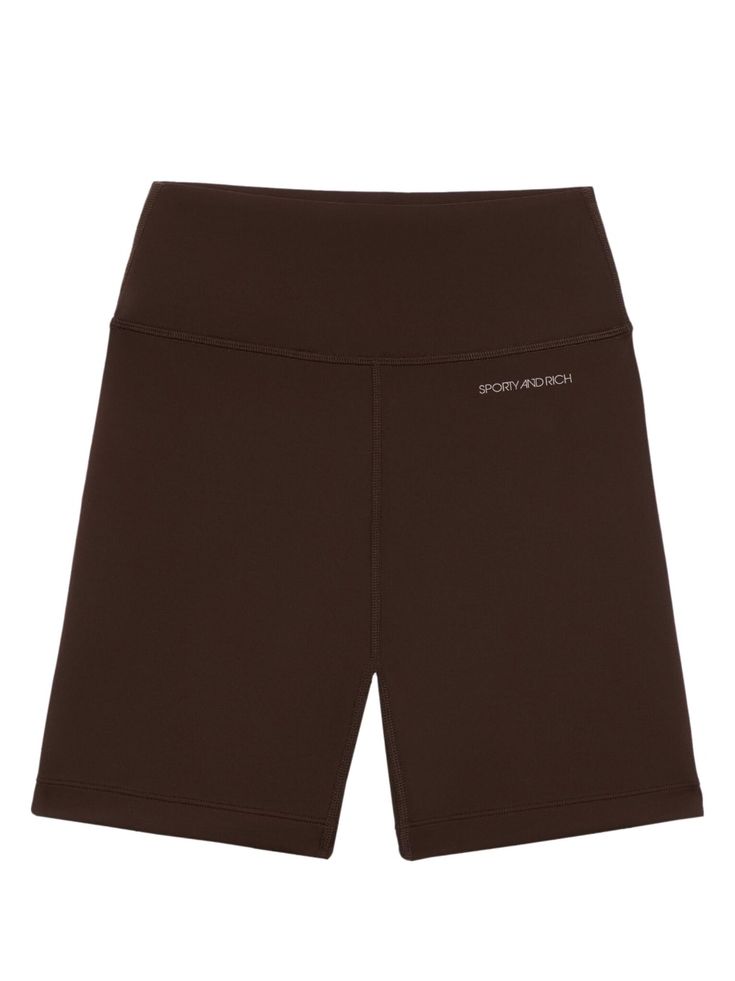 logo-print biker shorts from Sporty & Rich featuring chocolate brown, stretch-design, logo print at the leg, high-waisted, super-skinny cut, straight hem and thigh-length. Sporty Brown Short Activewear, Sporty Short Brown Activewear, Sporty Brown Activewear Shorts, Brown Stretch Activewear Short Length, Brown Stretch Activewear, Short Length, Brown Stretch Activewear Shorts, Sporty Brown Shorts, Sporty Brown Biker Shorts For Sports, Sporty Brown Short Leg Bottoms