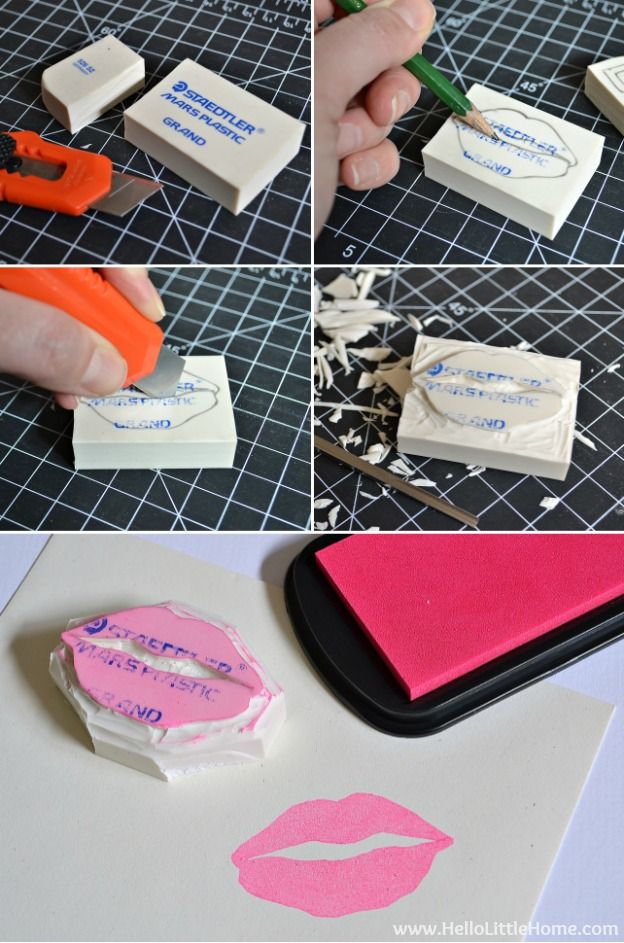 the process for making lips is being made with stamps and glue on top of a piece of paper