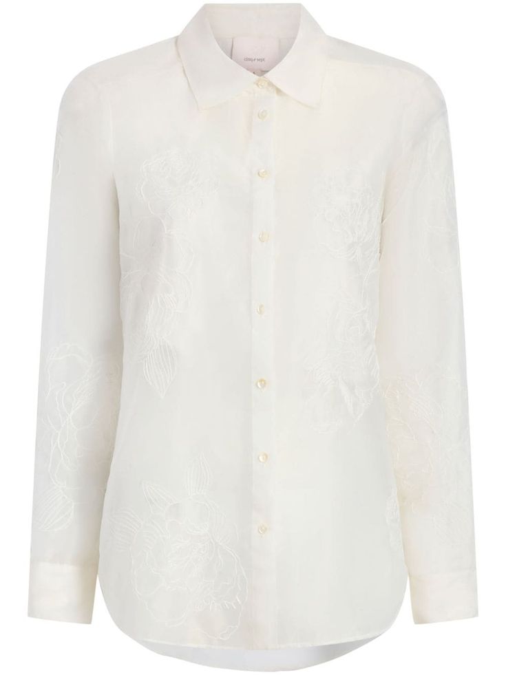 ivory white all-over floral embroidery straight-point collar front button fastening long sleeves buttoned cuffs curved hem Floral Embroidered Shirt, Cinq A Sept, Wedding Guest Looks, Versace Outfit, Modern Bride, Ivory White, Embroidered Shirt, Lady Dior, Shirt White