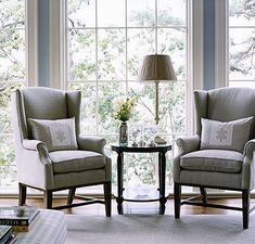 two chairs and a table in front of a window