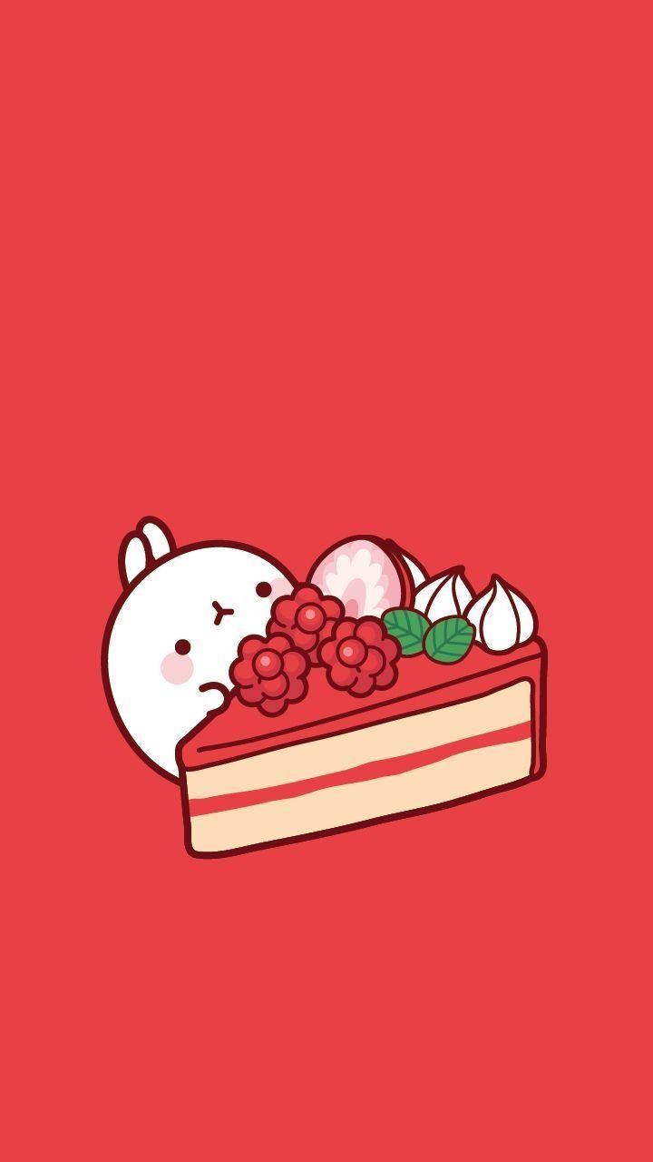 a piece of cake with berries and an animal sleeping on it's side in front of a red background