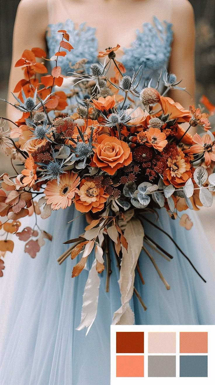 a woman in a blue dress holding a bouquet with orange and grey flowers on it