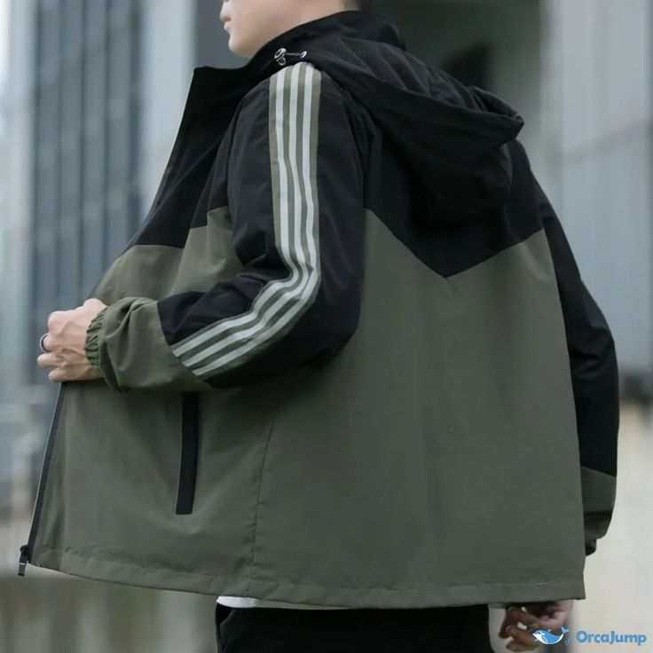 OrcaJump - Casual Workwear Jacket Black Spring Windbreaker For Outdoor Activities, Black Spring Windbreaker For Outdoor, Hooded Casual Sport Coat For Outdoor Activities, Casual Hooded Sport Coat For Outdoor Activities, Black Hooded Jacket For Spring Outdoor Activities, Casual Khaki Track Jacket For Outdoor Activities, Casual Black Hooded Jacket For Outdoor Activities, Casual Hooded Sport Coat For Spring, Hooded Spring Outdoor Sport Coat