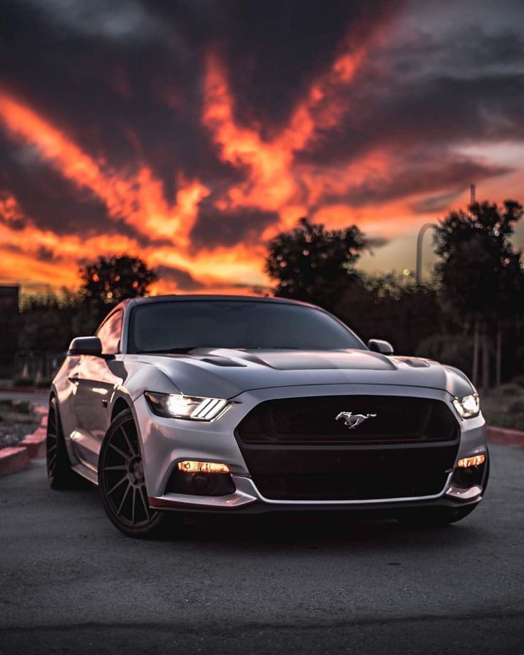 the front end of a silver mustang parked on top of a parking lot at sunset