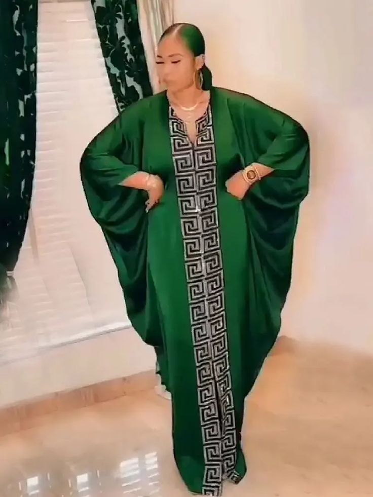 Trendy Imitation Silk Maxi Dress - African Woman Muslim Style Robe With Bat Sleeves And Rhinestone Embellishments | LaceDesign African Maxi Dress, Boubou Styles For Women, Bubu Gown Styles, Bat Sleeves, Plus Size Robes, Beaded Maxi Dress, Muslim Style, African Maxi Dresses, African Print Dresses