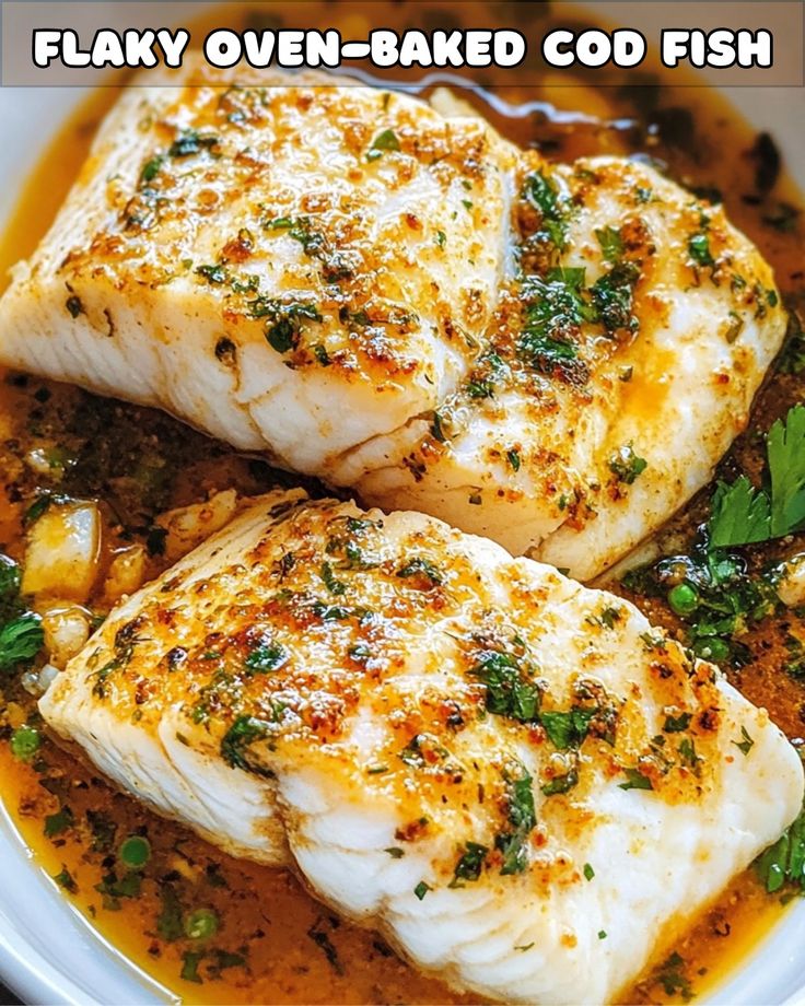 two fish fillets in a white bowl with sauce and herbs on the side that says flaky oven - baked god fish