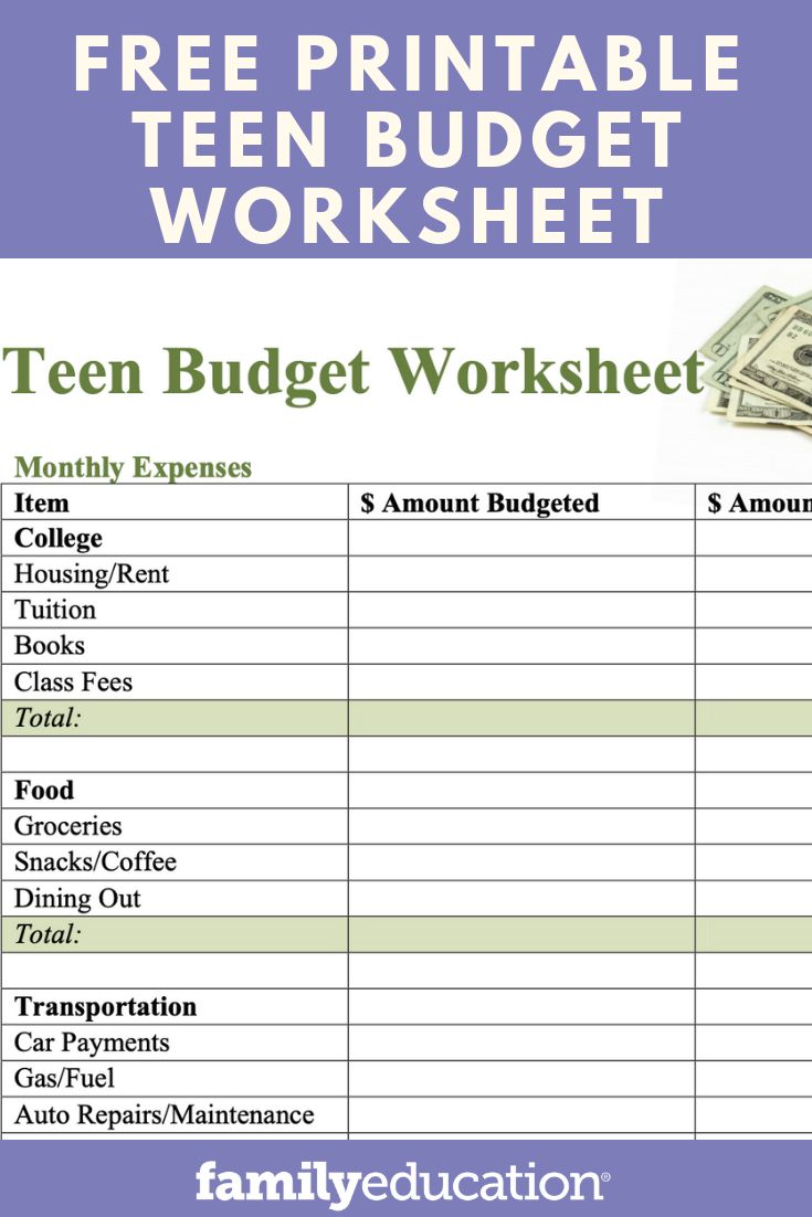 the free printable teen budget worksheet is available for students to use in their homes