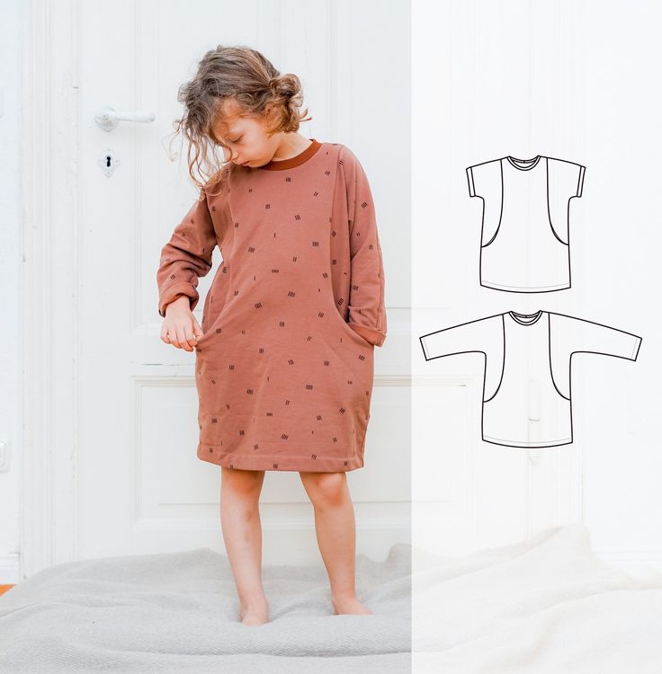 The Rainy Day dress is a sewing pattern for a child's dress in the size range: 3 months (62) to 10 years (140).  This dress has an oversized fit, slouchy sleeves, and side panels, with pockets. The dress fits right under the knees and allows some room for growth. We have included a short sleeve, so you can use the pattern all year round.  The pattern is for knit fabrics - use your favorite stretch fabrics -jersey, interlock, French terry, and thicker sweatshirt fabrics are also suitable.  For be Dolman Dress, Tunic Sewing Patterns, Overlock Machine, Children Dress, Childrens Dress, Sweatshirt Fabric, Dress Sewing Pattern, Dress Sewing, Free Baby Stuff