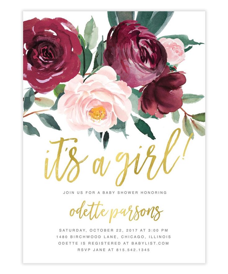 the it's a girl baby shower card with pink and red flowers on white