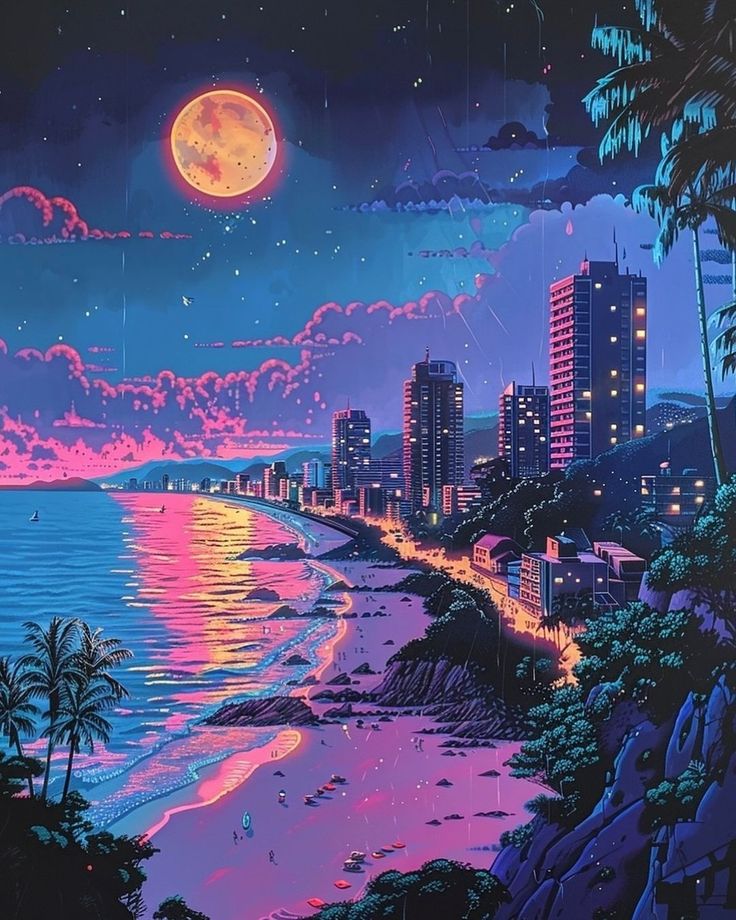 a painting of a city at night with the moon rising over the ocean and beach