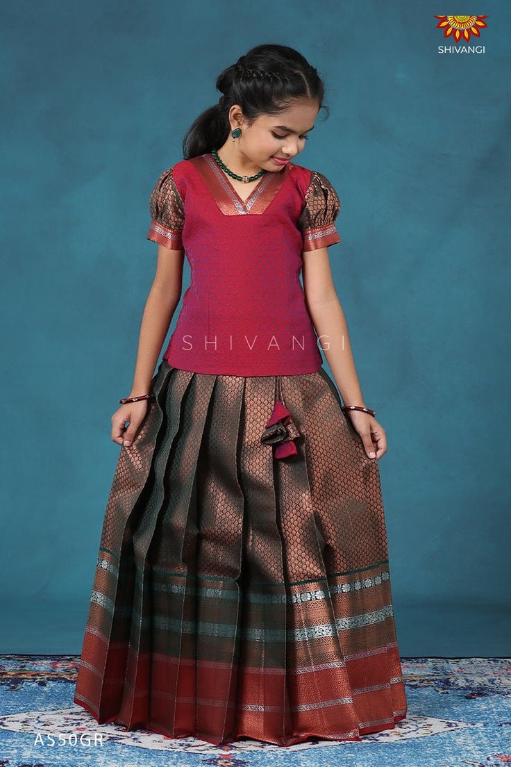 Girls Green Bali Silk Pattu Pavadai | Langa Quick overview Color    : Green Size      : 1-16 Years Sleeves  : Puff sleeve Wash     : Dry wash | Do not wrinkle | Low iron | Frock Short, Indian Silk Dresses, Pattu Pavadai Designs, Plain Blouse Designs, Fancy Dress Material, Pavadai Sattai, Frock Models, Pattu Pavadai, Short Frock