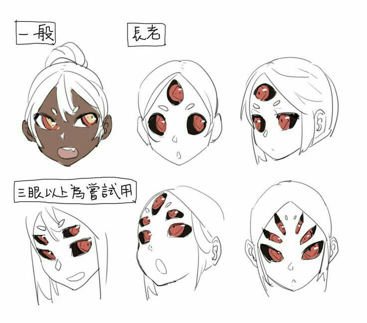 various facial expressions for an anime character, including the eyes and head with different hair styles