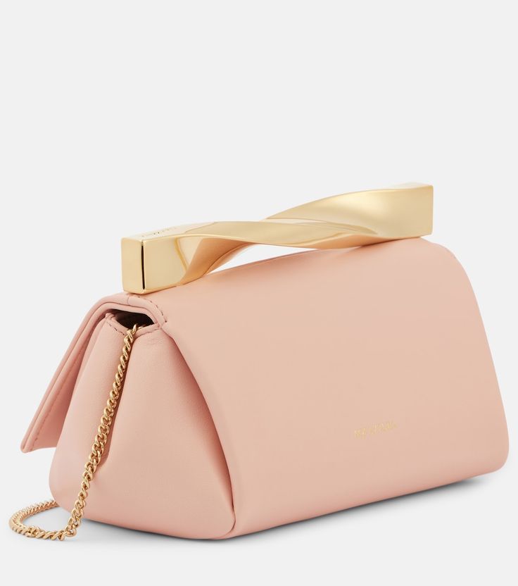 Twist Mini leather clutch in pink - Aquazzura | Mytheresa Bridal Handbags, Belt Shop, Leather Clutch, Gold Tone Metal, Leather Sandals, Designing Women, Top Handle, Bag Accessories, Dust Bag