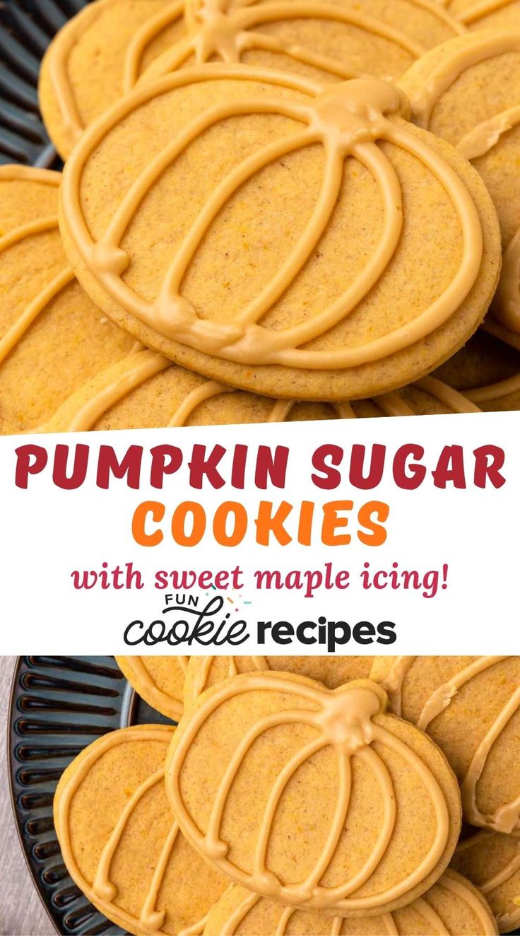 pumpkin sugar cookies with sweet maple icing are on a cooling rack and the title reads, pumpkin sugar cookies with sweet maple icing