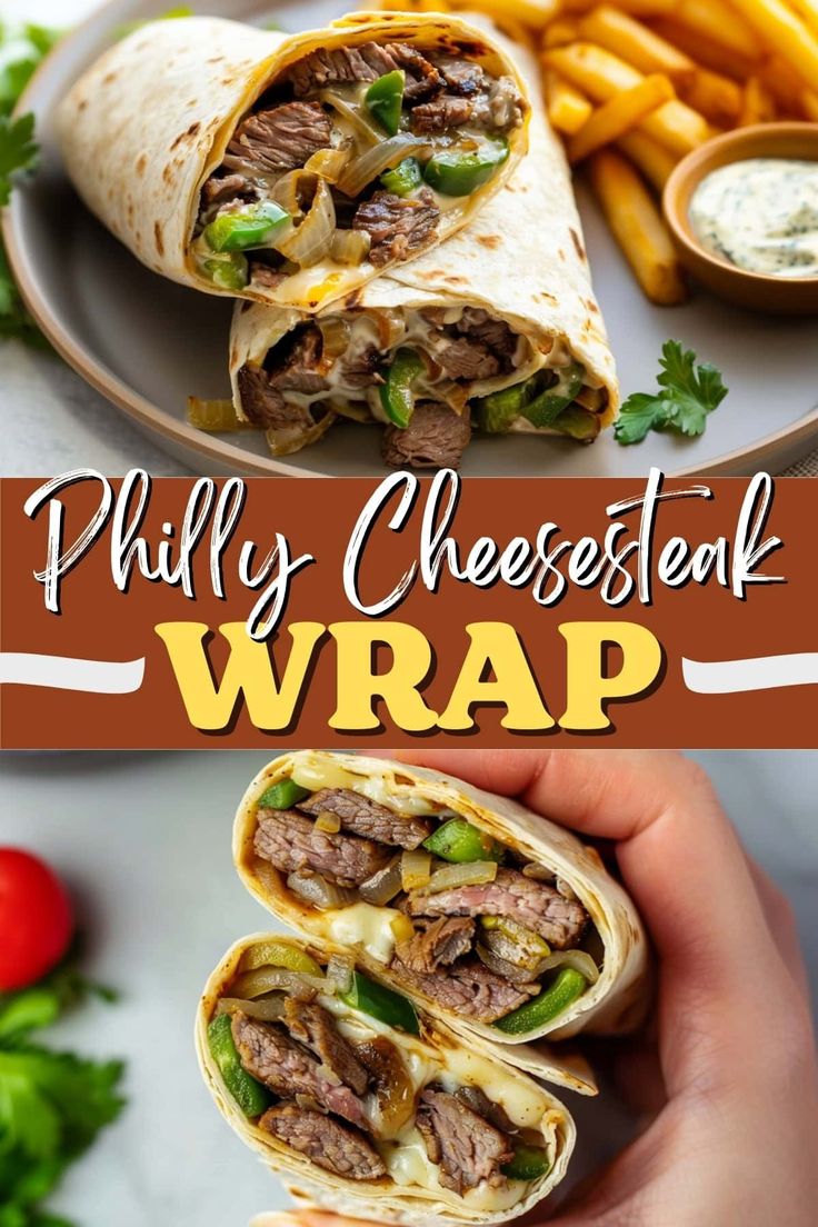 the wrap is cut in half and ready to be eaten with fries on the side