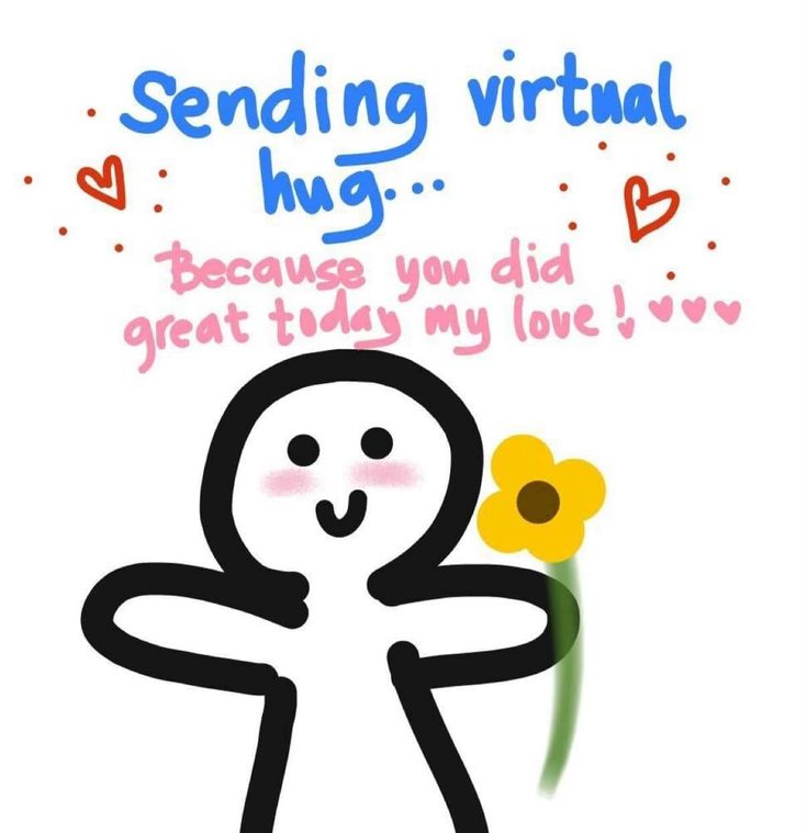 a cartoon character holding a flower with the words sending virtual hug because you did great that my love live