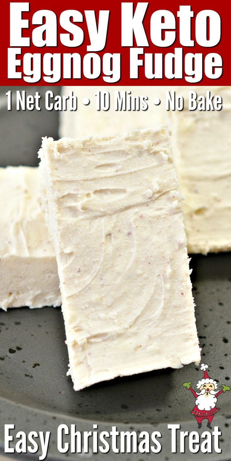 easy keto eggnog fudge recipe on a plate with text overlay