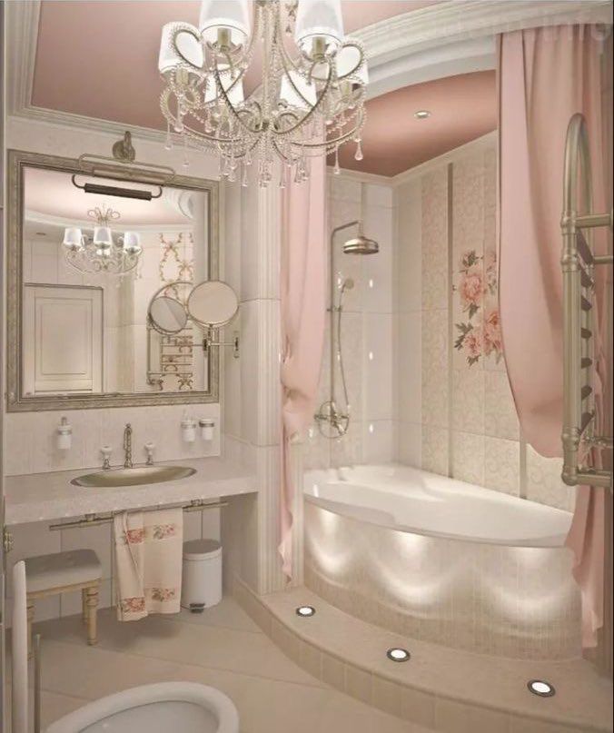 a bathroom with a chandelier hanging from the ceiling and a bathtub next to it