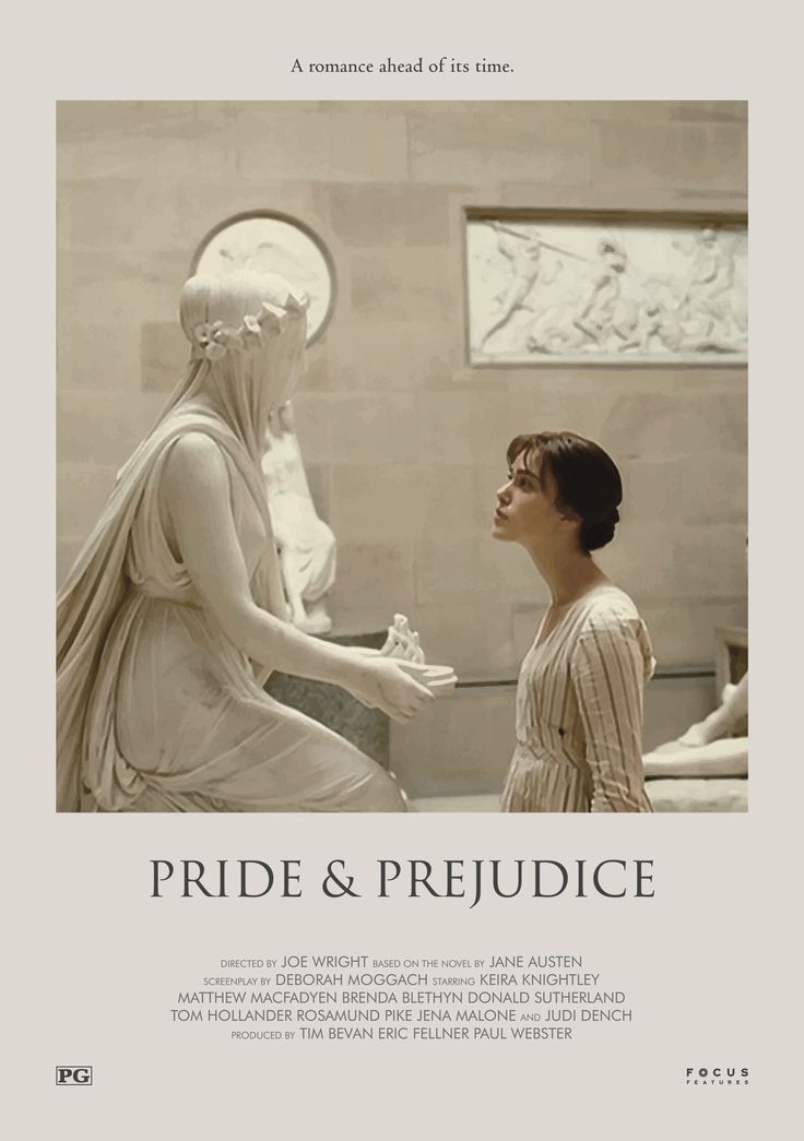 the poster for pride and prejudicce is shown with a woman in front of a statue