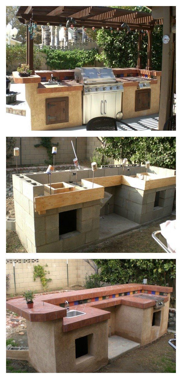 an outdoor kitchen built into the side of a building with no roof or walls, is shown before and after construction