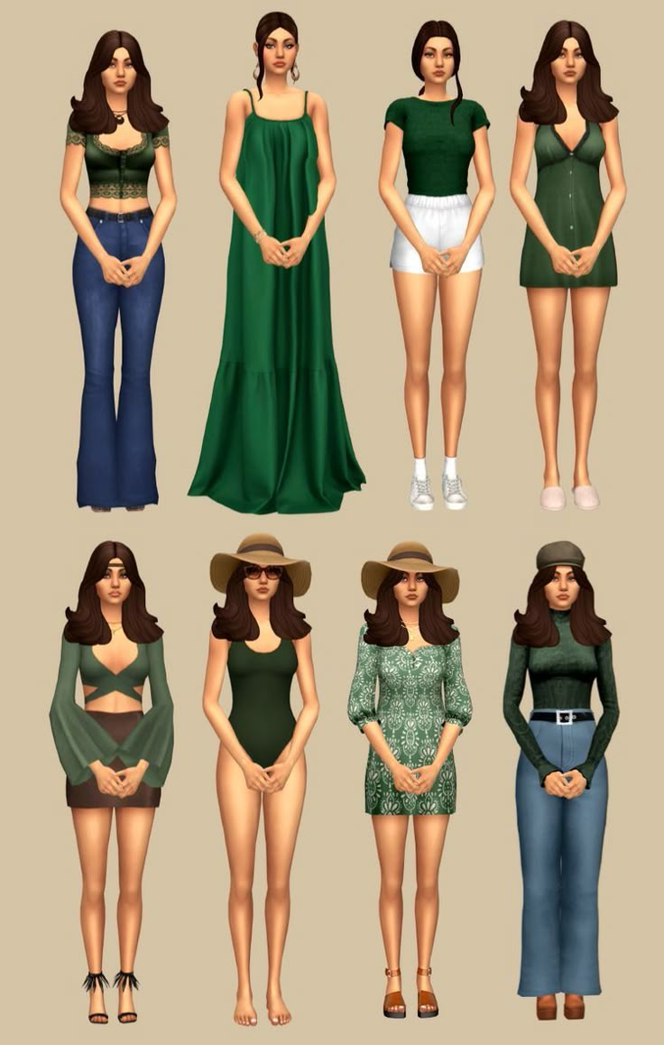 six different poses of women wearing hats and clothing, all in various outfits with their hands on their hipss