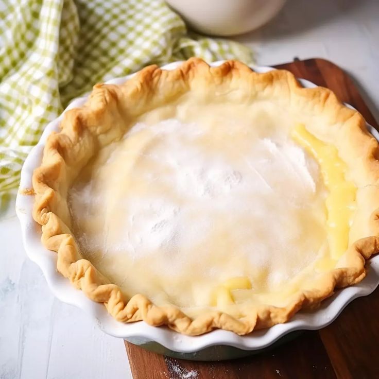 a pie sitting on top of a wooden cutting board