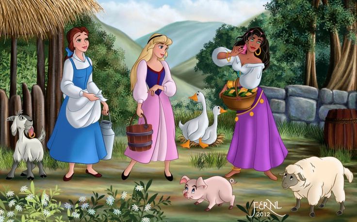 the three princesses are walking in front of their farm animals and pigs, one is carrying a basket