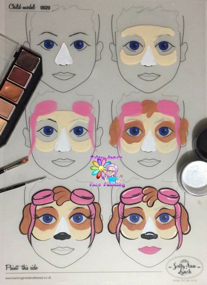 Skye Jane Painting, Face Painting Step By Step, Paw Patrol Face Paint, Dog Face Paints, Cute Clown Makeup, Bodysuit Tattoos, Paw Painting, Girl Face Painting, Painting Step By Step