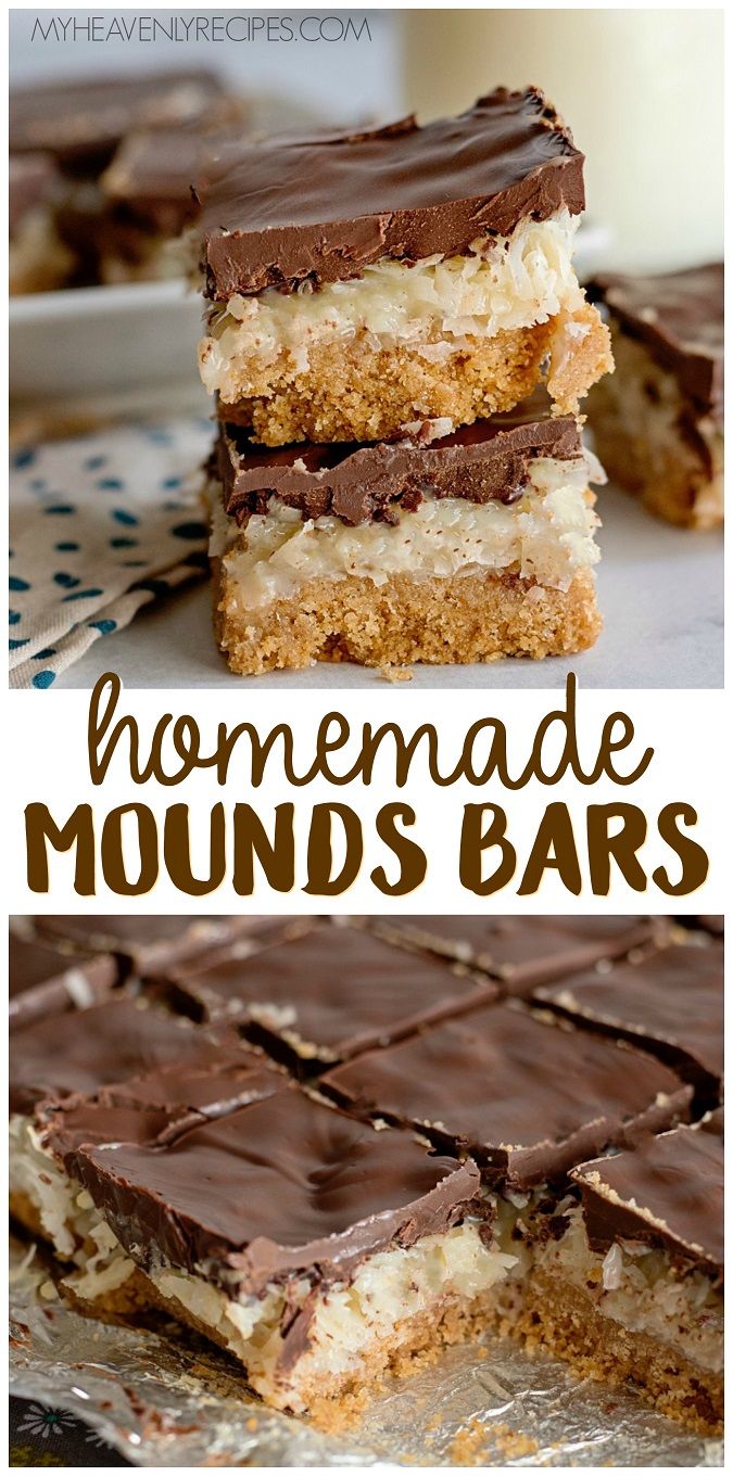 chocolate and marshmallows are stacked on top of each other with the words homemade mounds bars