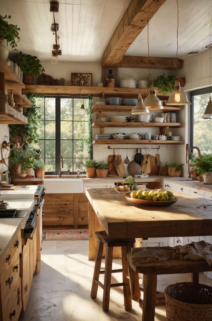 a kitchen with lots of wooden shelves filled with pots and pans on top of it