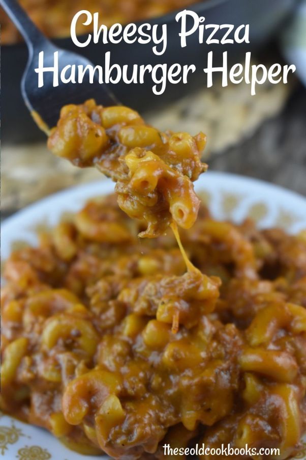 cheesy pizza hamburger helper on a spoon