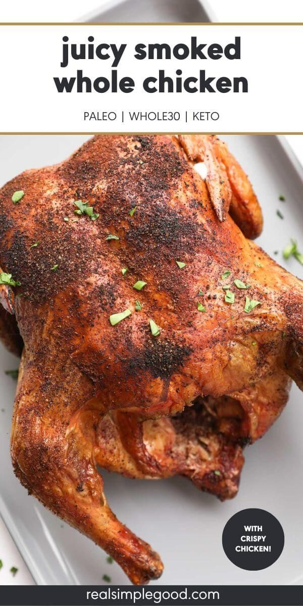 juicy smoked whole chicken on a white platter