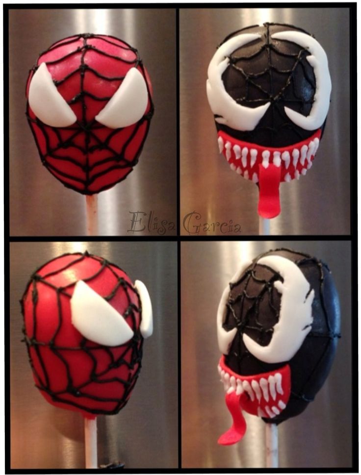 four pictures of a spiderman cake on a stick