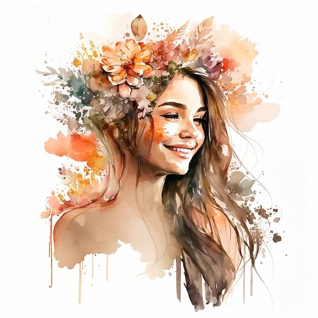 a watercolor painting of a woman's face with flowers in her hair and smiling