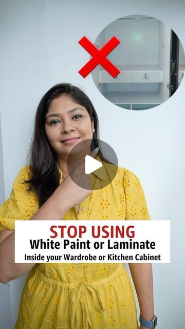 a woman standing in front of a mirror with the caption stop using white paint or laminate inside your wardrobe or kitchen cabinet