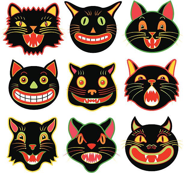 black cats with different facial expressions on white background stock photo, images and royalty illustrations